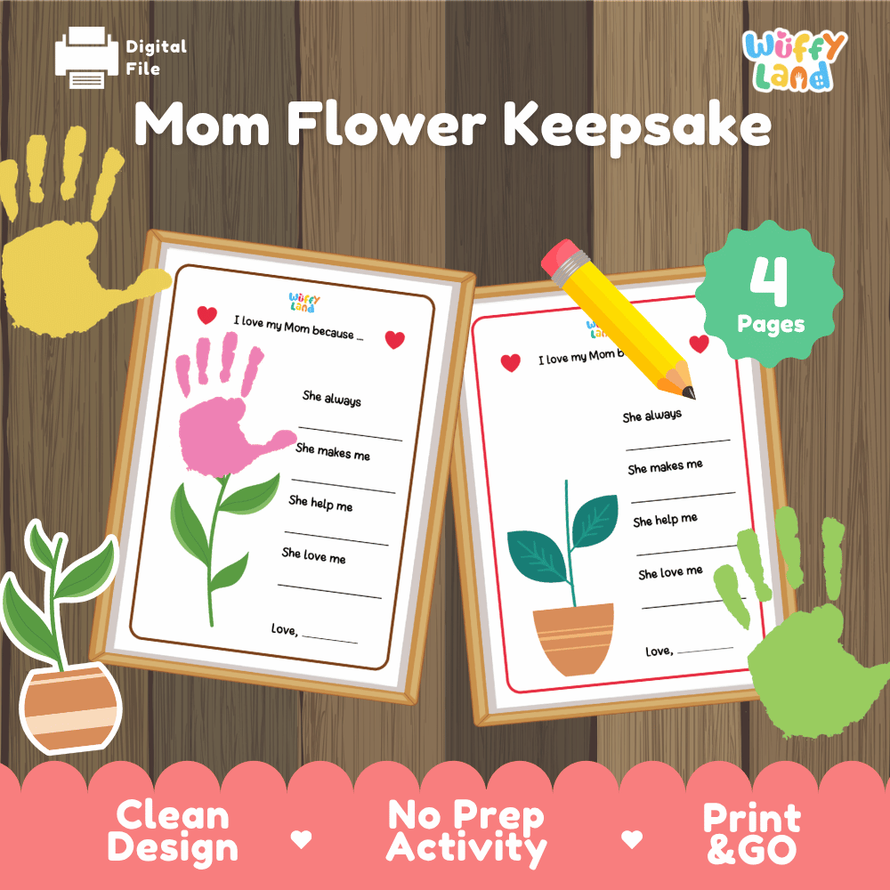 Mom flower keepsake printable handprint art and Mother's Day activity pack overview from Wuffy Land featuring 4 pages 🌸🖐️