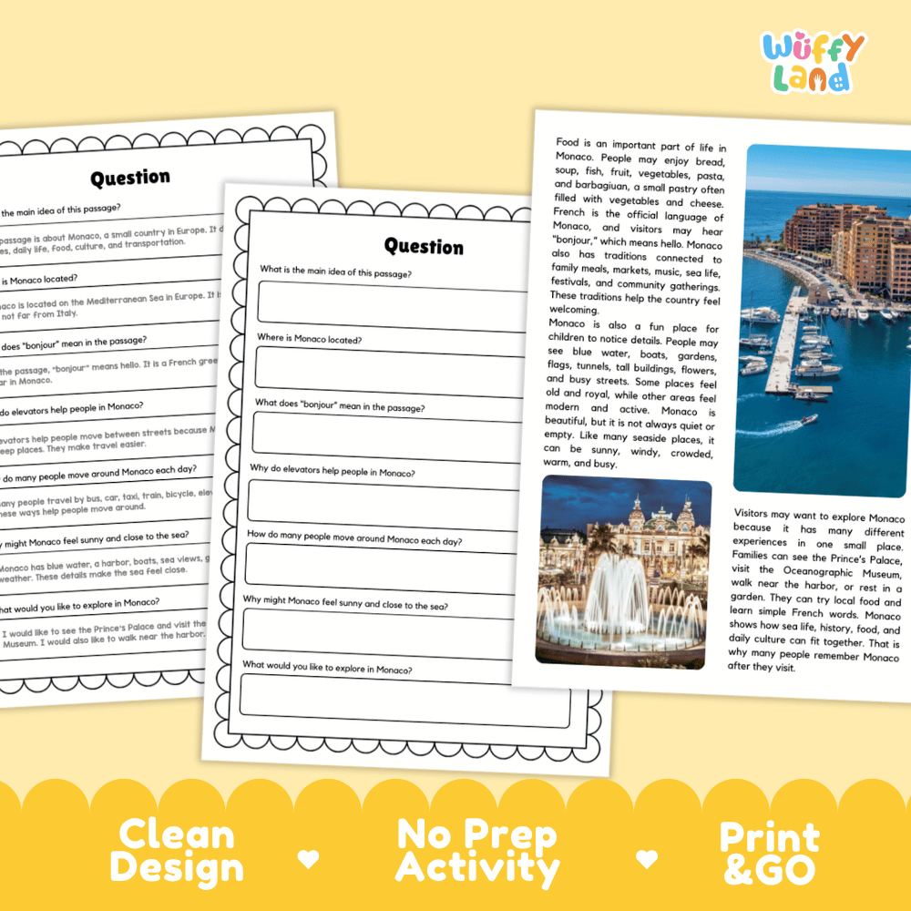 Student reading passage titled A Small Country by the Sea detailing Monaco Prince's Palace barbagiuan and European coastal photography