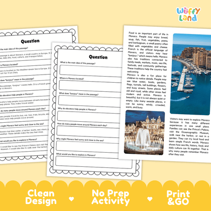 Student reading passage titled A Small Country by the Sea detailing Monaco Prince's Palace barbagiuan and European coastal photography