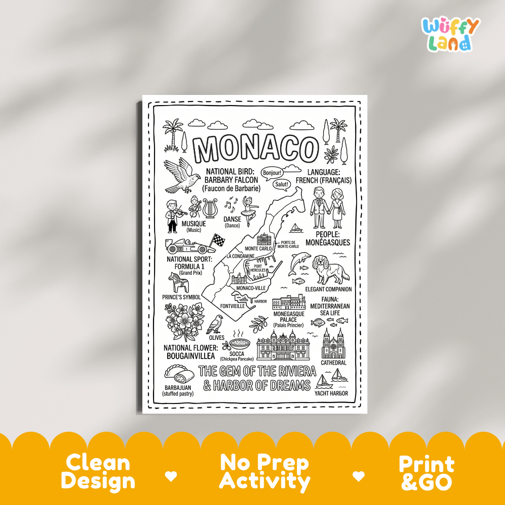Educational activity coloring page highlighting Monaco's national bird the Barbary Falcon, Bougainvillea flower, and Formula 1 Grand Prix