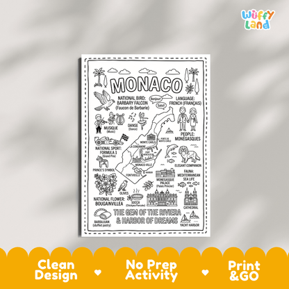 Educational activity coloring page highlighting Monaco's national bird the Barbary Falcon, Bougainvillea flower, and Formula 1 Grand Prix