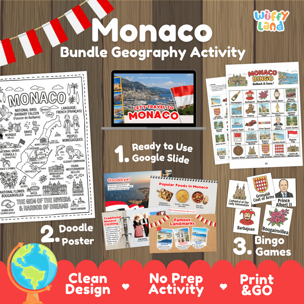Complete Monaco geography activity bundle featuring Google Slides, doodle coloring poster, and classroom bingo games 🇲🇨🎒