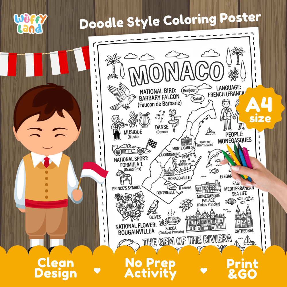 Monaco country study doodle style coloring poster printable page featuring map, landmarks, and cultural symbols