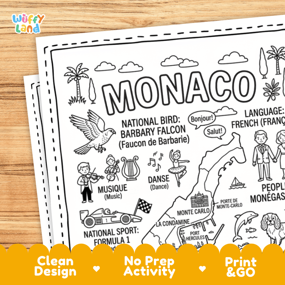 Cultural coloring page featuring traditional Monegasque attire, Socca snack, ballet dance, and French greeting speech bubbles
