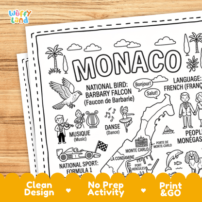 Cultural coloring page featuring traditional Monegasque attire, Socca snack, ballet dance, and French greeting speech bubbles