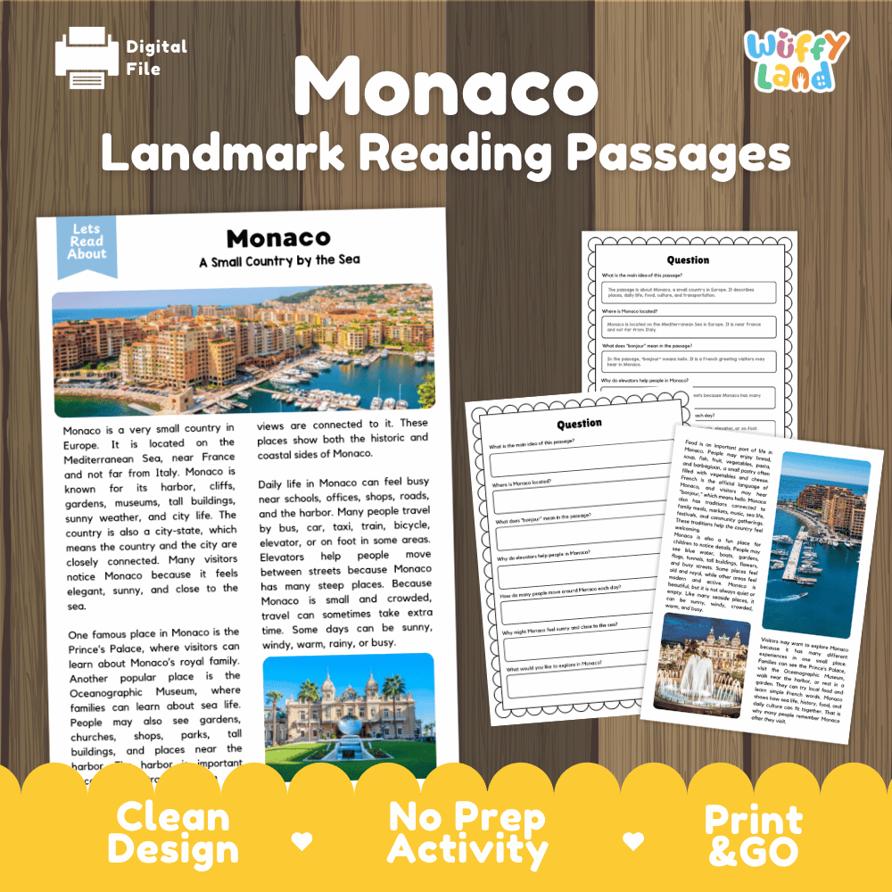 Monaco landmark reading passage and comprehension worksheet educational unit featuring nonfiction text and authentic Monaco Mediterranean harbor photography