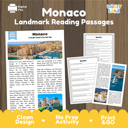 Monaco landmark reading passage and comprehension worksheet educational unit featuring nonfiction text and authentic Monaco Mediterranean harbor photography
