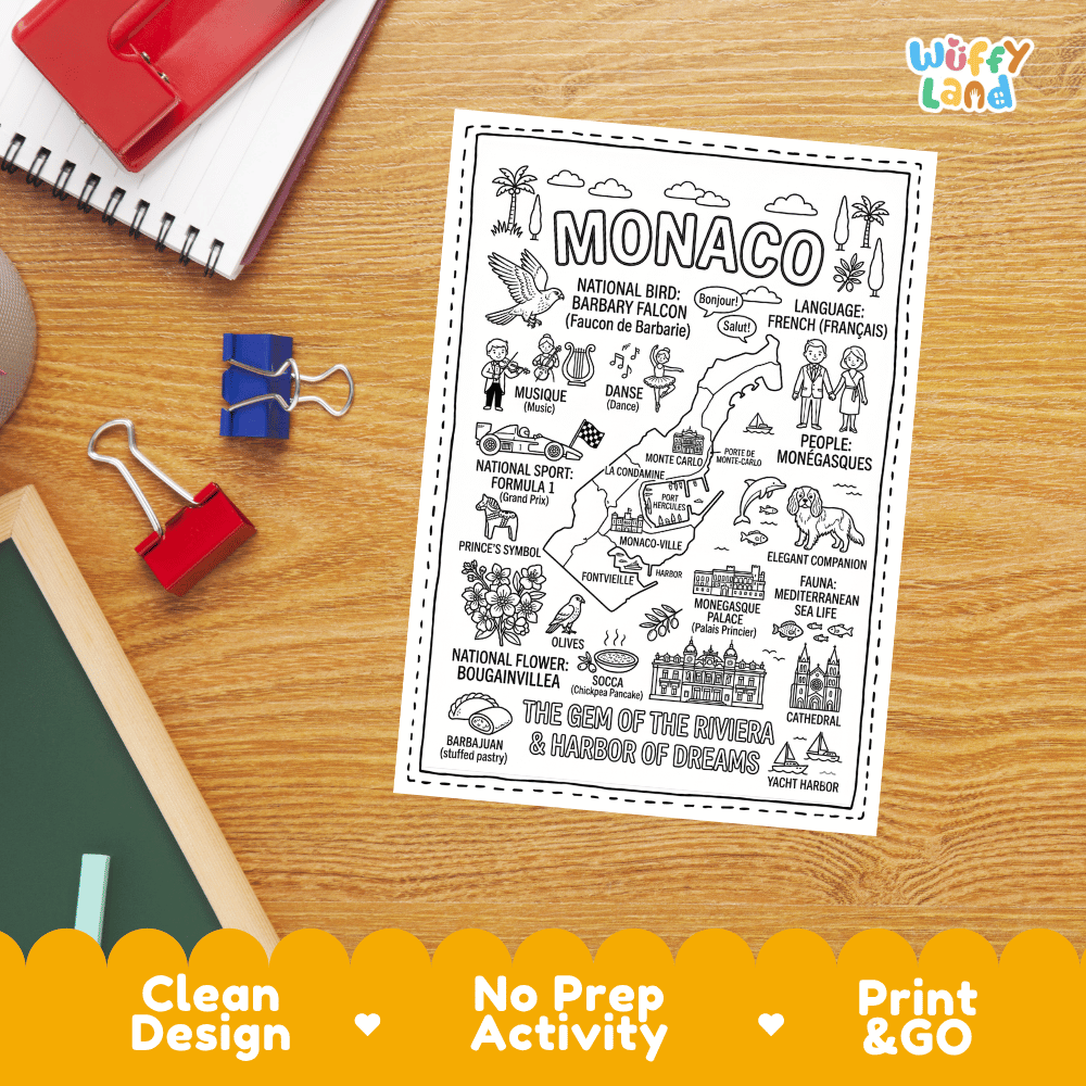 Doodle map coloring sheet showing Monaco-Ville, Monte Carlo, Port Hercules, Prince's Palace, and Cathedral