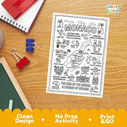 Doodle map coloring sheet showing Monaco-Ville, Monte Carlo, Port Hercules, Prince's Palace, and Cathedral