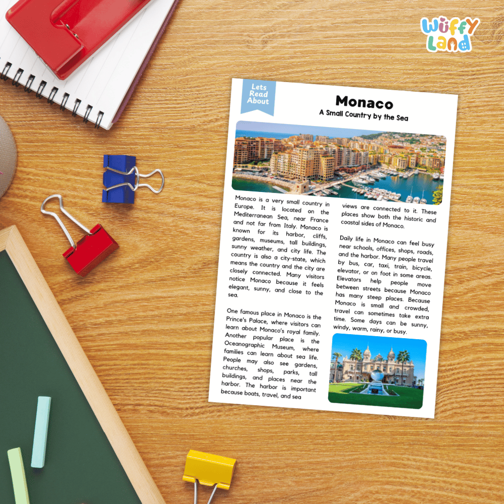 Lined reading comprehension question worksheet covering main ideas vocabulary terms and landmark facts about Monaco Europe