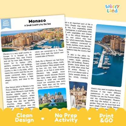 Reference sheet and answer key for Monaco landmark reading passage displaying completed comprehension answers and European geography facts