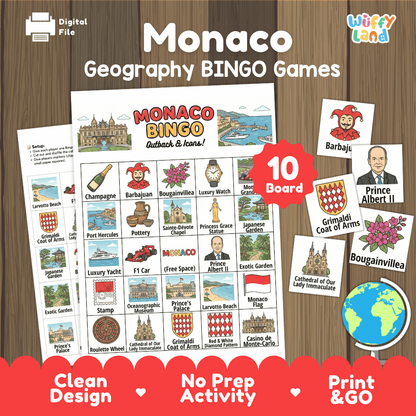 Monaco Geography BINGO Games Printable Activity Boards