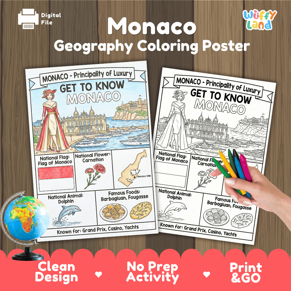 Monaco Geography Coloring Poster | Country Study Research Worksheet Activity