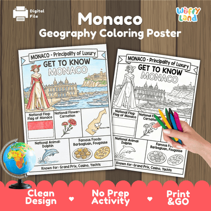 Monaco Geography Coloring Poster | Country Study Research Worksheet Activity