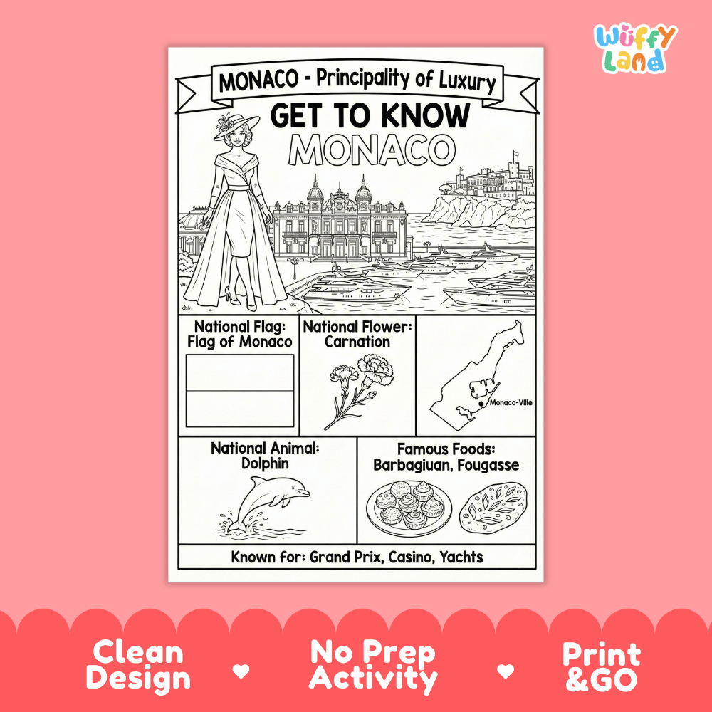 Monaco Geography Coloring Poster | Country Study Research Worksheet Activity