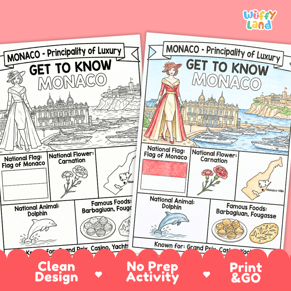 Monaco Geography Coloring Poster | Country Study Research Worksheet Activity