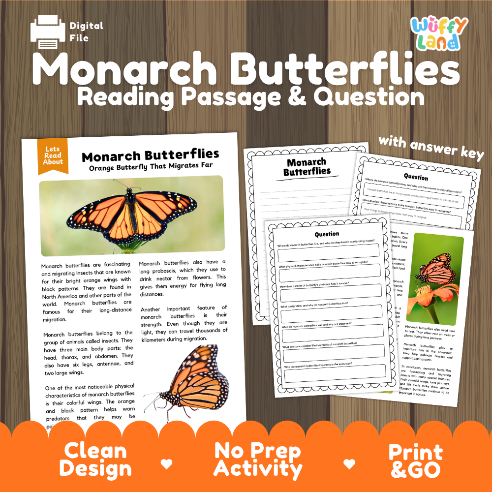 Monarch Butterflies Reading Passage and Comprehension Questions Worksheets
