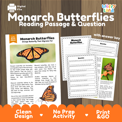Monarch Butterflies Reading Passage and Comprehension Questions Worksheets