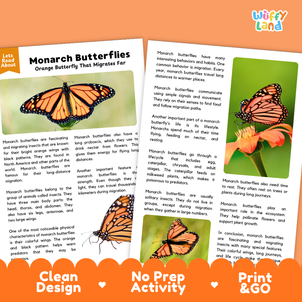 Monarch Butterflies Reading Passage and Comprehension Questions Worksheets