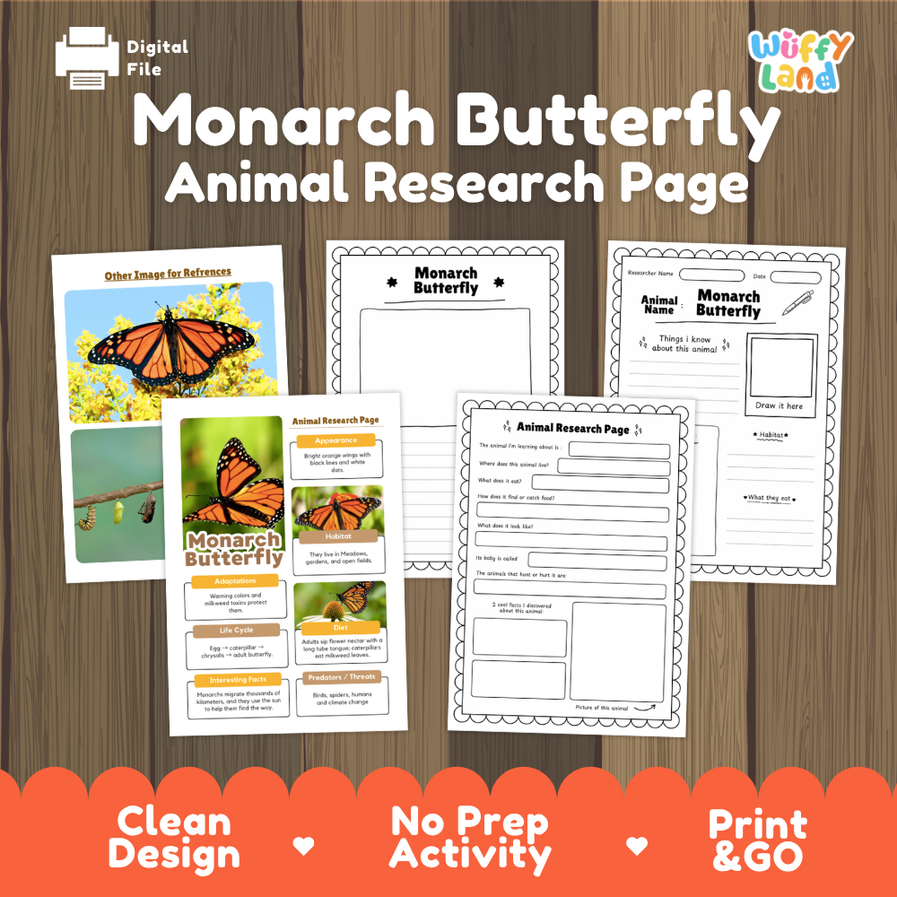 A digital product preview for a 'Monarch Butterfly Animal Research Page' by Wiffy Land, displayed on a brown wood-grain background. The graphic shows several printable worksheet pages with colorful monarch butterfly images and text fields, along with promotional text at the bottom reading 'Clean Design', 'No Prep Activity', and 'Print & GO'.