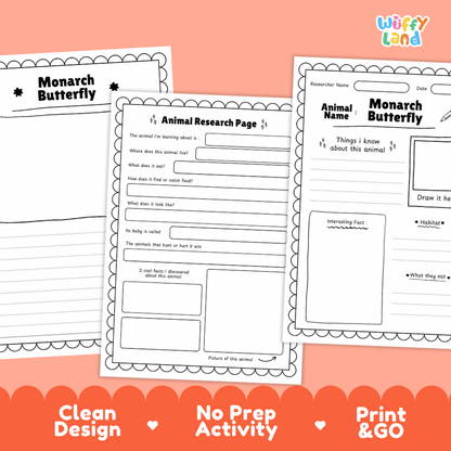 Three printable worksheet pages for a monarch butterfly animal research activity, shown on a peach background with orange banner text reading 'Clean Design', 'No Prep Activity', and 'Print & GO'. The pages are black-and-white templates with writing boxes, a drawing area, and the Wiffly Land logo in the top right.