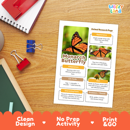 An educational activity sheet titled 'Monarch Butterfly - Animal Research Page' displayed on a wooden desk with school supplies. The sheet features colorful butterfly photos and text boxes about monarch butterflies.