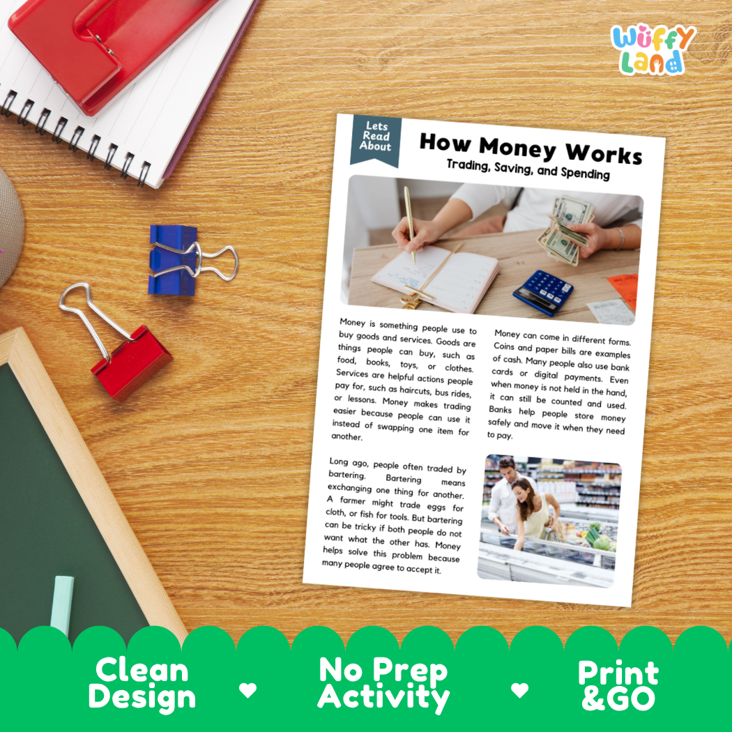 Printable student worksheet with short-answer reading comprehension questions covering financial literacy and economics