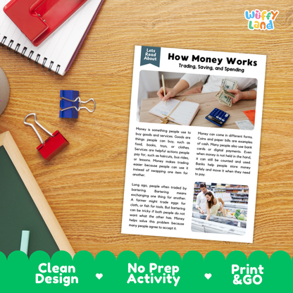 Printable student worksheet with short-answer reading comprehension questions covering financial literacy and economics