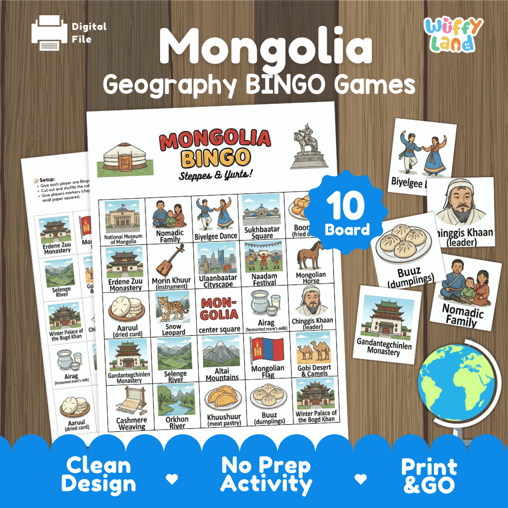 Classroom educational Bingo game cards featuring Mongolian yurt ger, Morin Khuur, Buuz dumplings, and Chinggis Khaan 🎲🥟