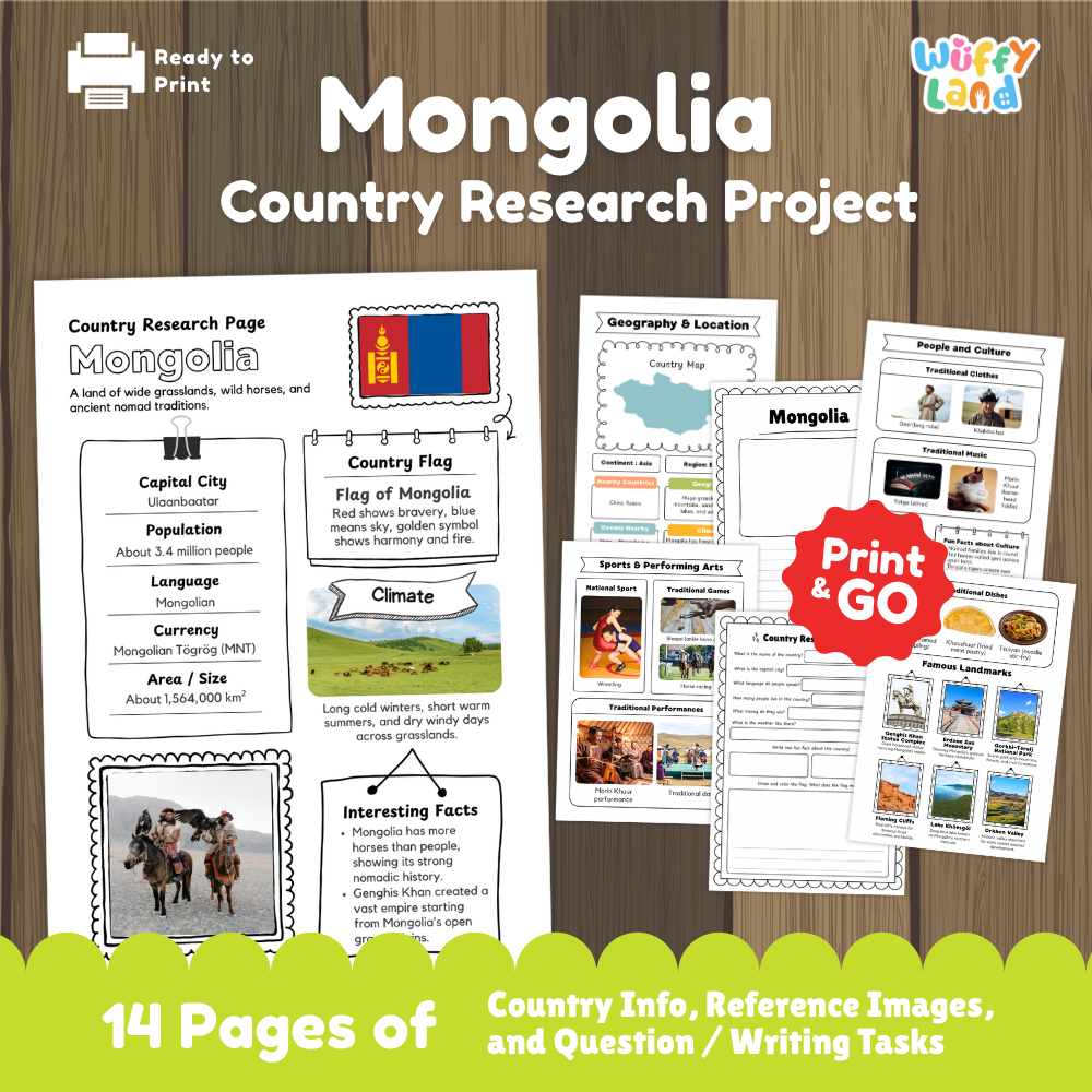 Student country research worksheet on Mongolia featuring national flag, Ulaanbaatar capital facts, climate, and geography map