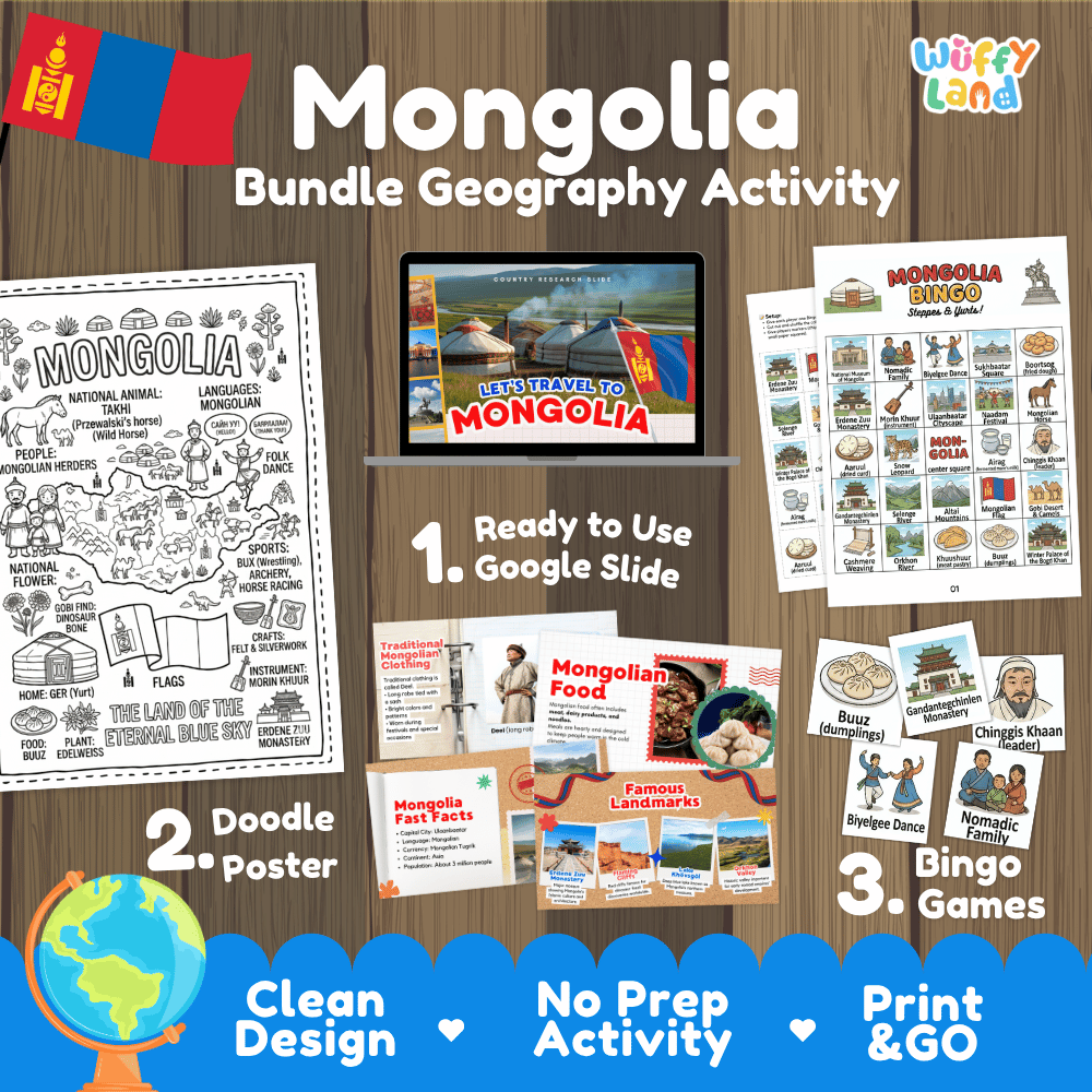 Complete Mongolia geography activity bundle featuring Google Slides, doodle coloring poster, and classroom bingo games 🇲🇳🎒