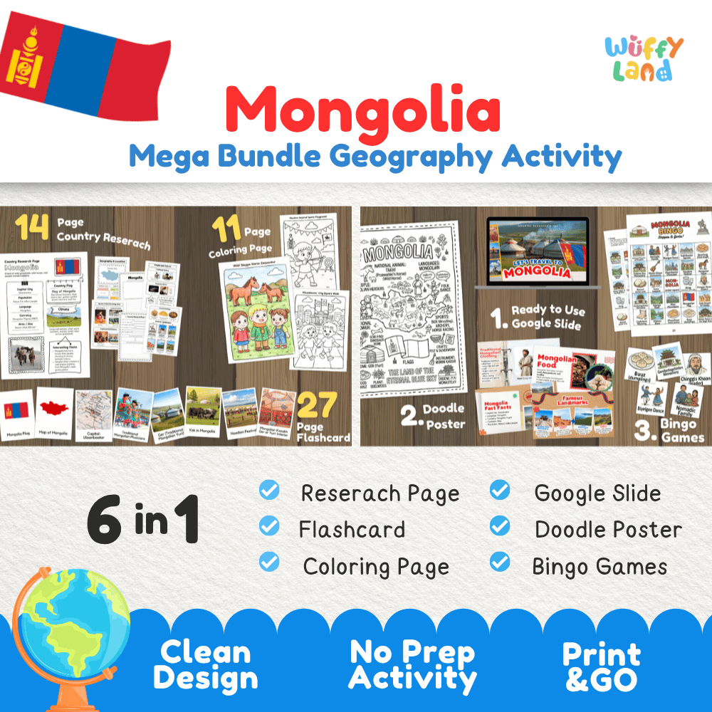 Complete Mongolia geography activity bundle featuring Google Slides, doodle coloring poster, and classroom bingo games 🇲🇳🎒