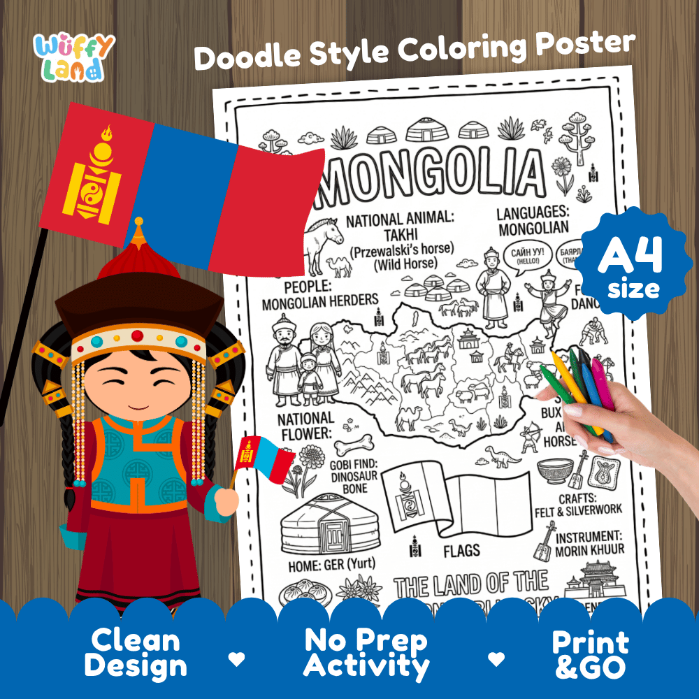 Mongolia country study doodle style coloring poster printable page featuring map, ger yurt, and nomadic symbols