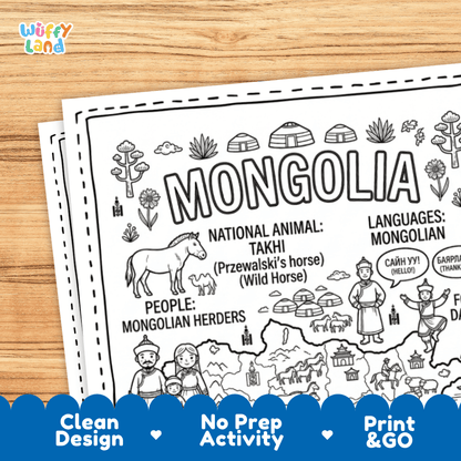 Cultural coloring page featuring traditional Mongolian deel attire, Morin Khuur fiddle, Bokh wrestling, and Cyrillic greeting speech bubbles