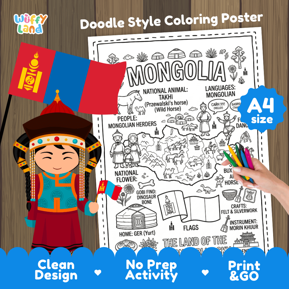 Printable A4 doodle coloring poster highlighting Mongolia map, Takhi wild horse, yurt ger dwelling, and Morin Khuur fiddle 🎨🐎