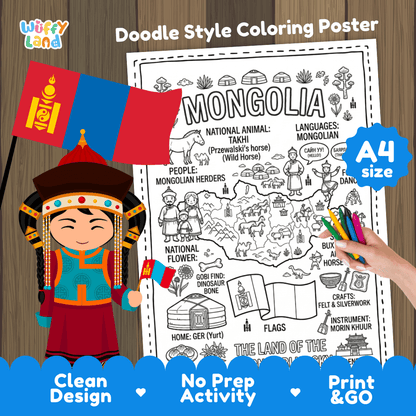 Printable A4 doodle coloring poster highlighting Mongolia map, Takhi wild horse, yurt ger dwelling, and Morin Khuur fiddle 🎨🐎