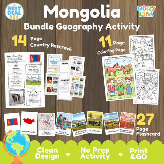 Mongolia geography activity bundle cover showing 14 country research pages, 11 coloring pages, and 27 photo flashcards