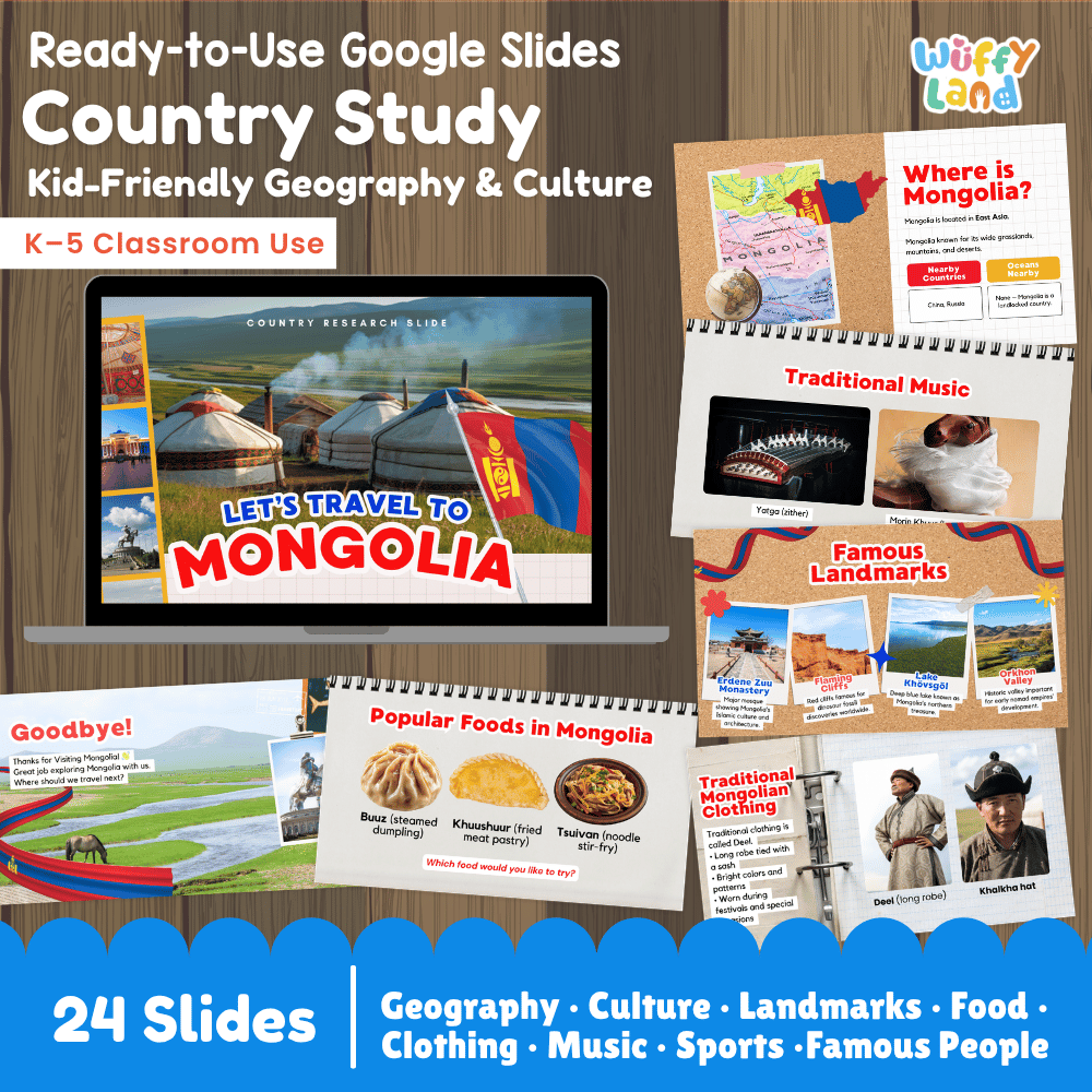 Interactive Google Slides deck displaying famous Mongolian landmarks, traditional gers, and nomadic cuisine 💻🏕️