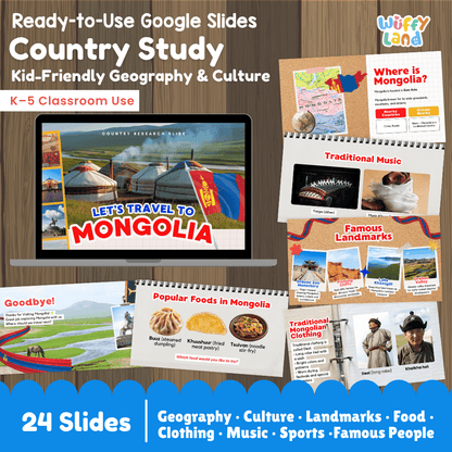 Interactive Google Slides deck displaying famous Mongolian landmarks, traditional gers, and nomadic cuisine 💻🏕️