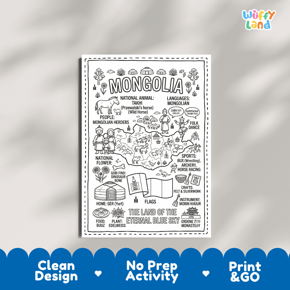 Educational activity coloring page highlighting Mongolia Takhi Przewalski horse, Soyombo flag emblem, and steppe wildlife