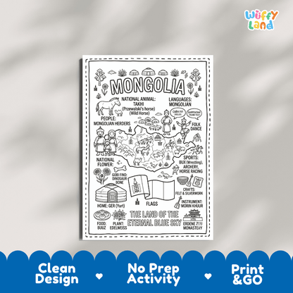 Educational activity coloring page highlighting Mongolia Takhi Przewalski horse, Soyombo flag emblem, and steppe wildlife
