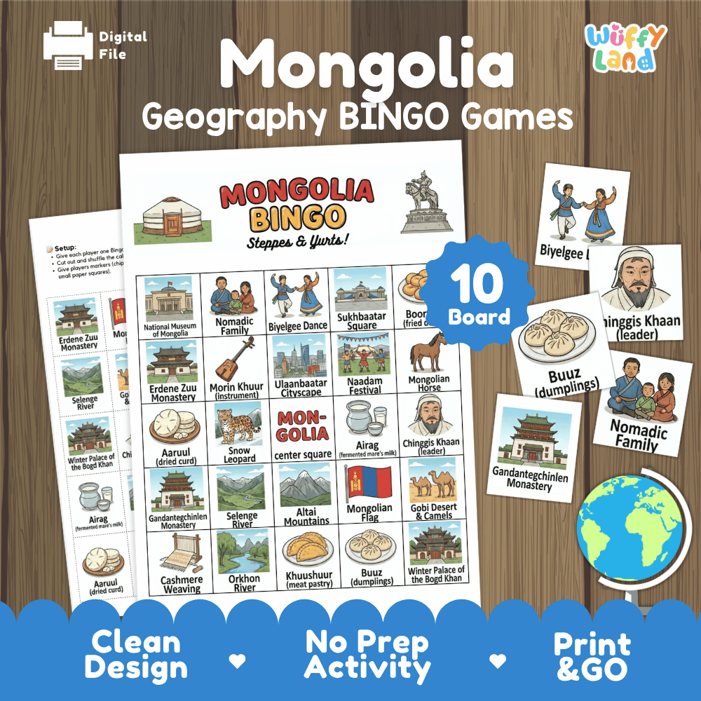 Mongolia Geography BINGO Games Printable Activity Boards