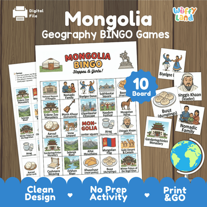 Mongolia Geography BINGO Games Printable Activity Boards