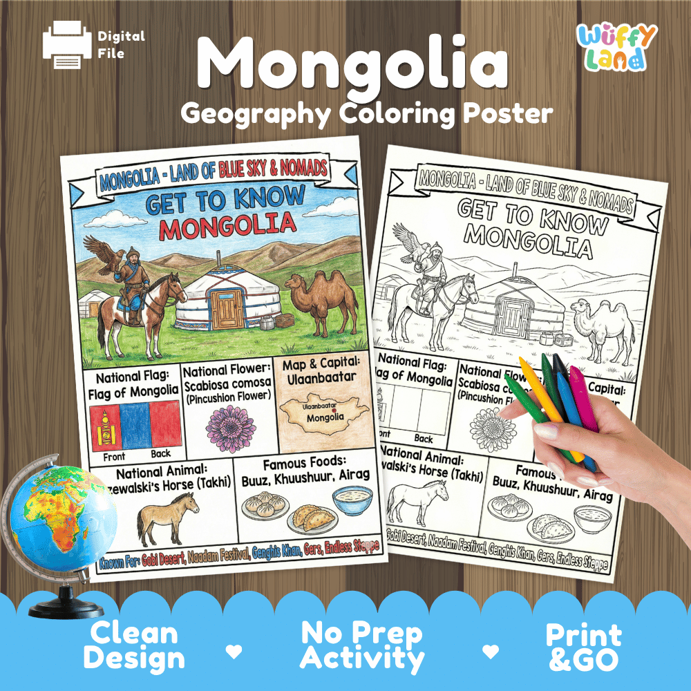 Mongolia Geography Coloring Poster and Fact Sheet Printables