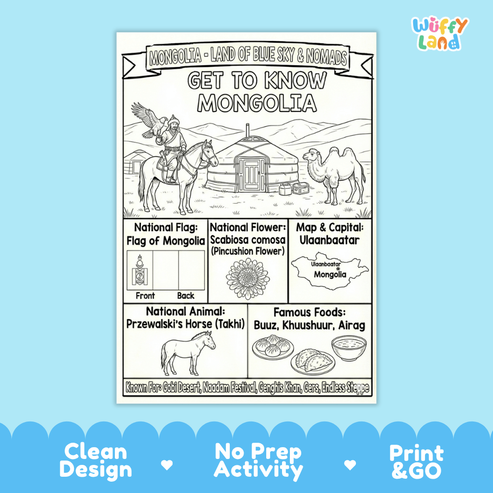 Mongolia Geography Coloring Poster and Fact Sheet Printables