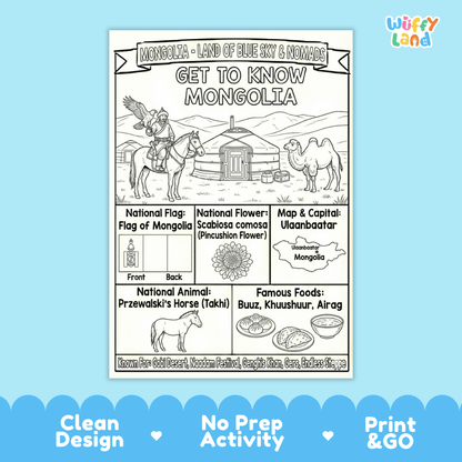 Mongolia Geography Coloring Poster and Fact Sheet Printables