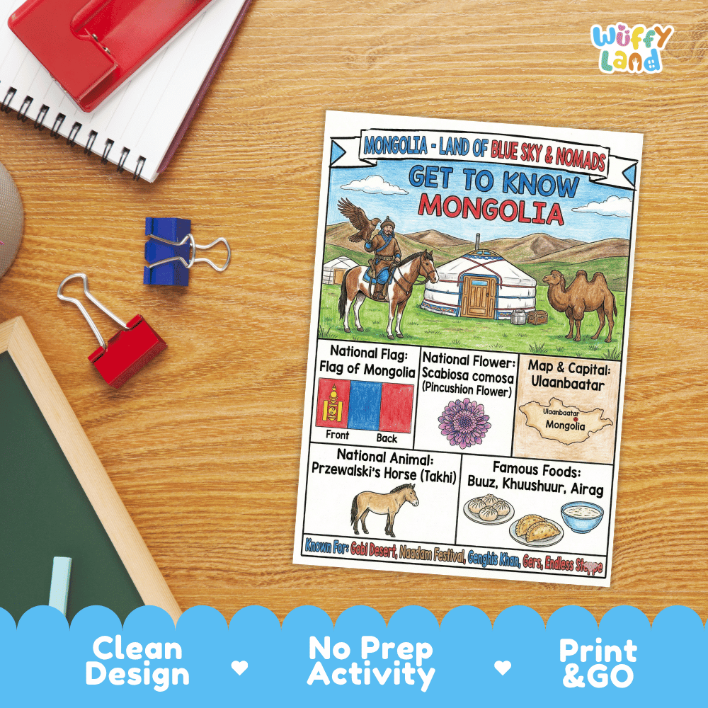 Mongolia Geography Coloring Poster and Fact Sheet Printables