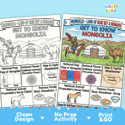 Mongolia Geography Coloring Poster and Fact Sheet Printables