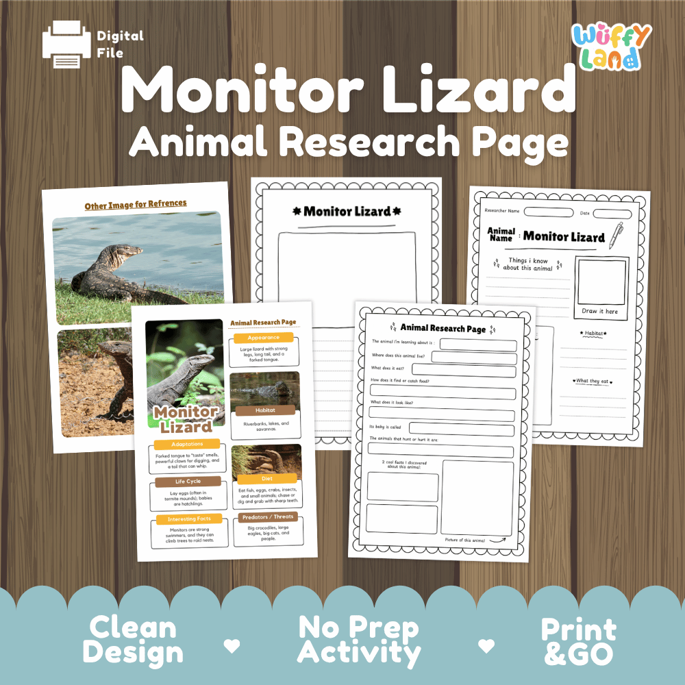 Digital preview of a printable 'Monitor Lizard Animal Research Page' set by Wiffy Land, showing multiple worksheet pages laid out on a wood background with marketing text at the bottom.