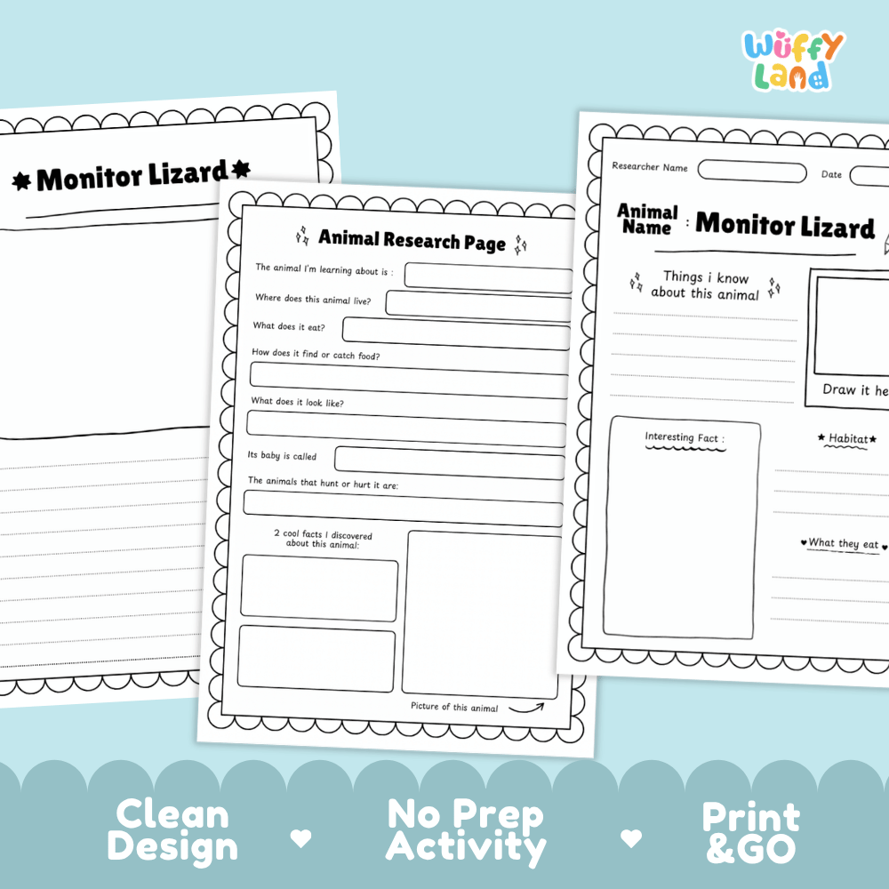 Three printable worksheet pages for animal research, featuring a 'Monitor Lizard' template, displayed on a light blue background with promotional text at the bottom.